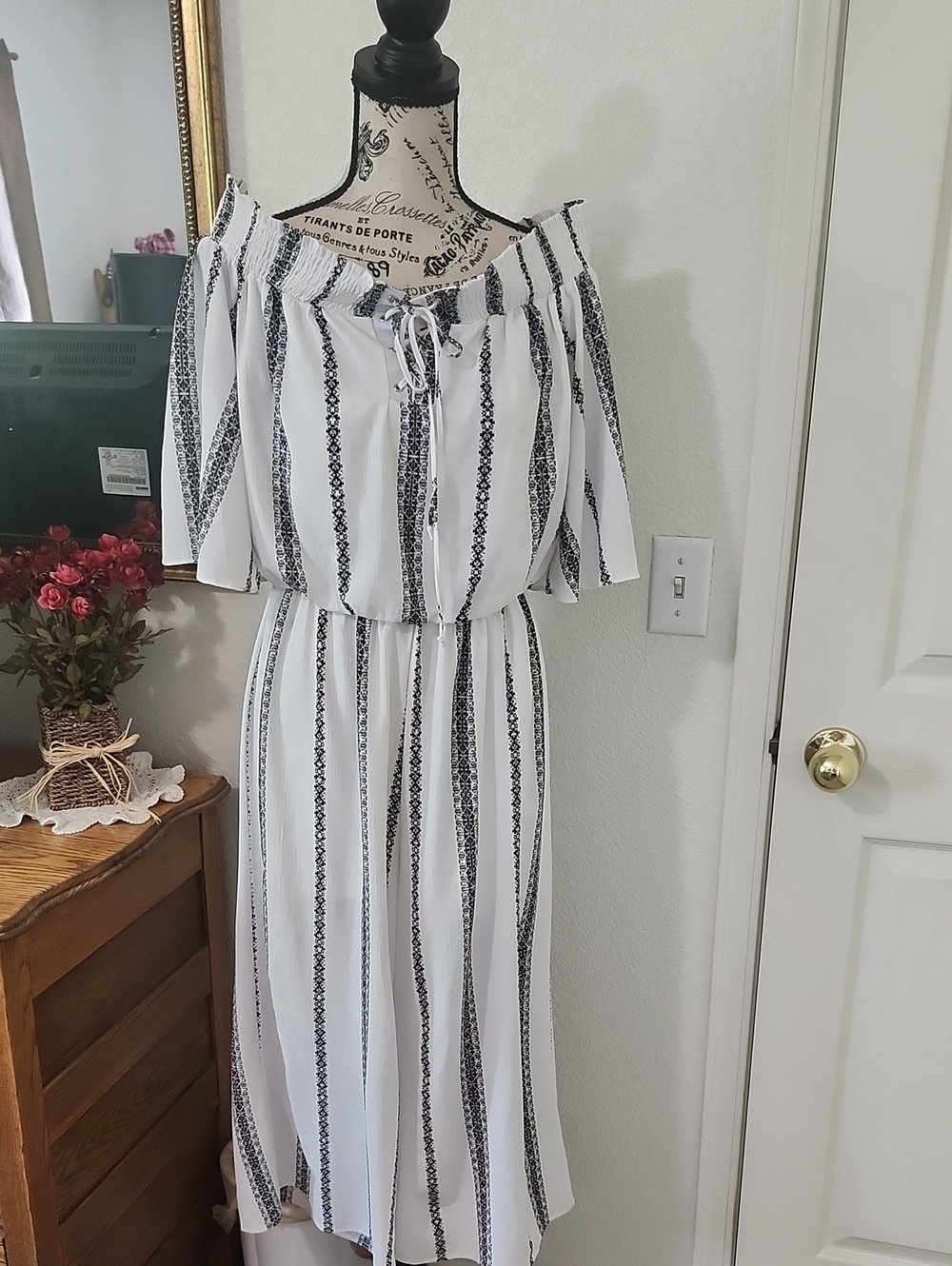 Bailey Blue White and Black Off-Shoulder Striped Jumpsuit NWT